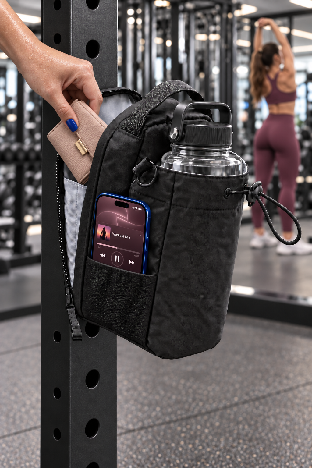 Magnetic Gym Bag holding a wallet and a phone playing music