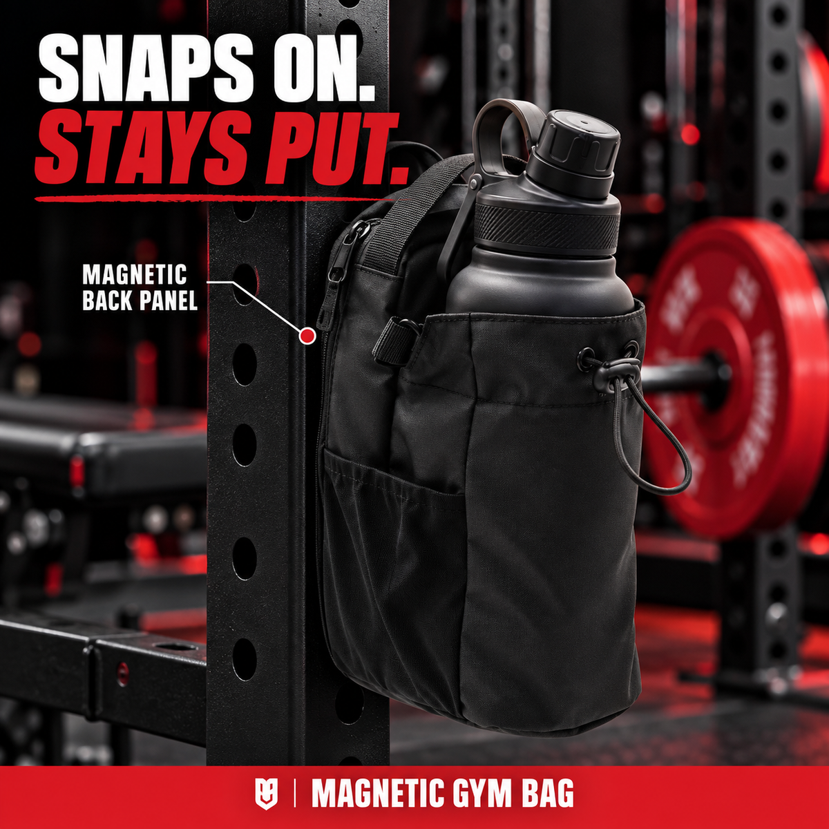 Magnetic Gym Bag attached to a steel gym rack by its magnetic back