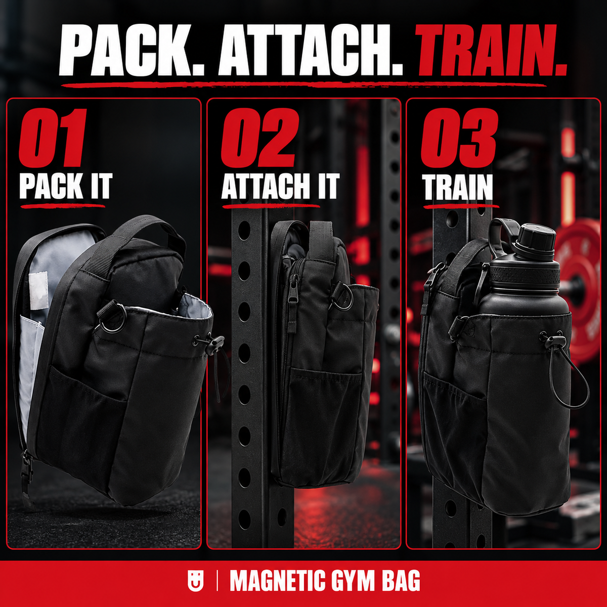 How to use the Magnetic Gym Bag in three steps: pack it, attach it, train