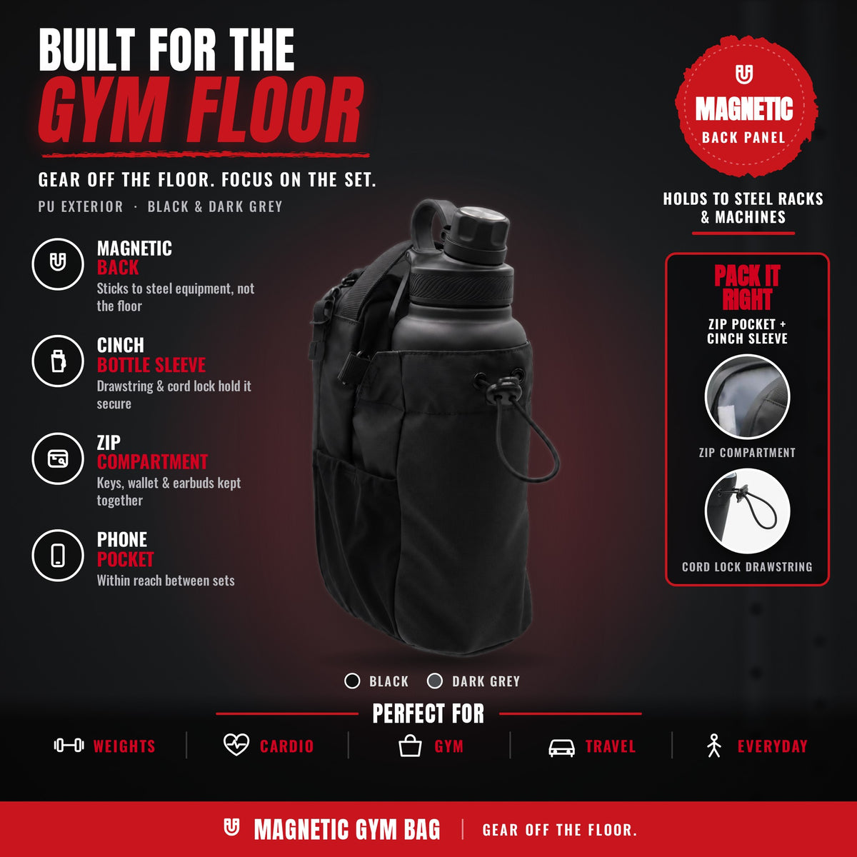 Magnetic Gym Bag features: magnetic back, cinch bottle sleeve, zip compartment and phone pocket